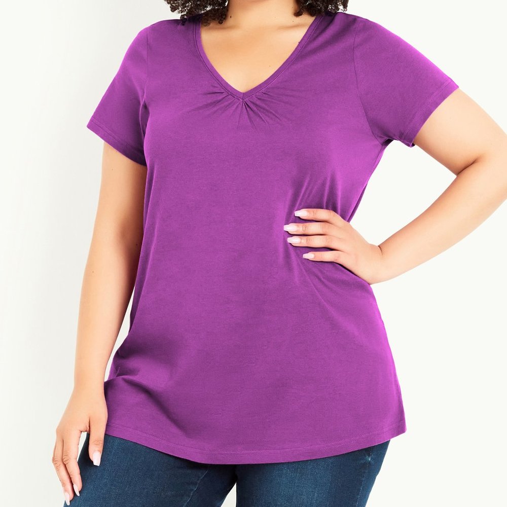 NWT Evans Gathered V Neck Cotton Purple Top T-Shirt